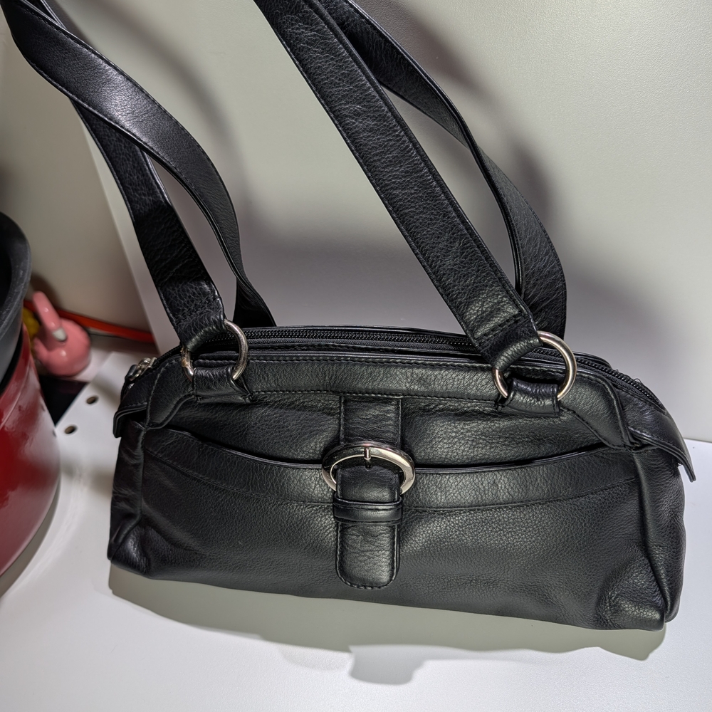 Black Leather Shoulder Bag with Buckle Detail